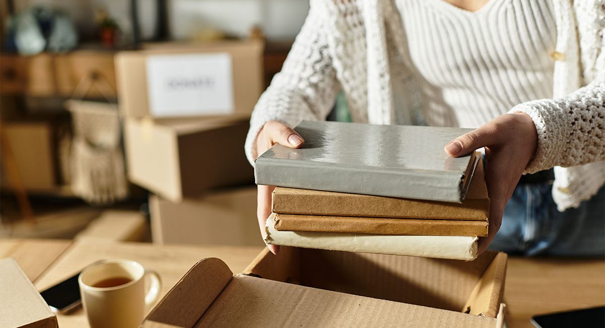 Young woman embracing sustainability through clothing donation and sorting